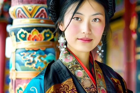 Portrait Tibetan Woman In National Costume The Background Is A Famous