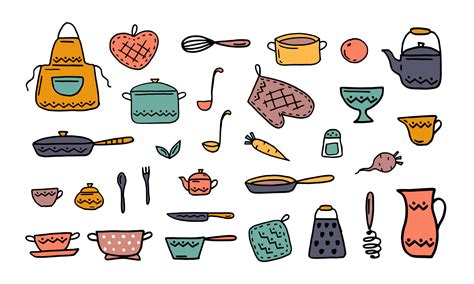 conjunto de utensílios de cozinha mão desenho esboço estilo doodle