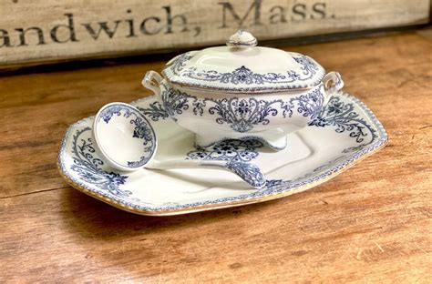 Antique Honiton Royal Doulton Blue And White Gold Trim Transferware China