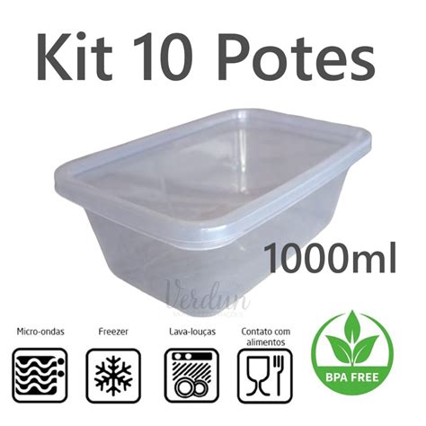 Kit Potes Litro Retangular Ml Transparente Tampa Marmita