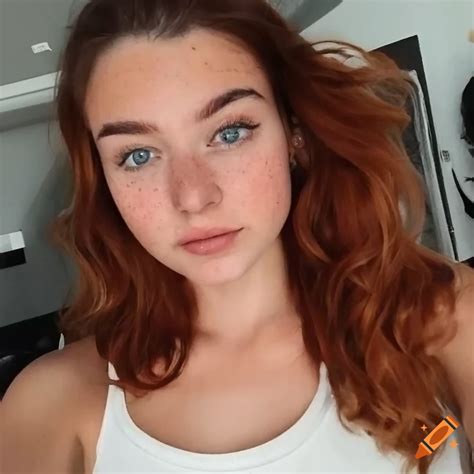 A Beautiful Young Woman Wavy Auburn Hair And Very Light Freckles Snapchat Selfie Cami Tank Top