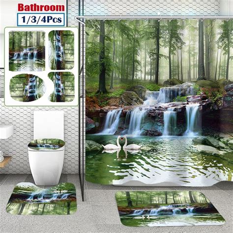 1 3 4pcs 3d Waterfall Swans Scenery Waterproof Shower Curtain Anti Slip