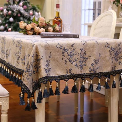 Fashion Modern Home Cloth Line Cotton Blue Flowers Tassels Tablecloth