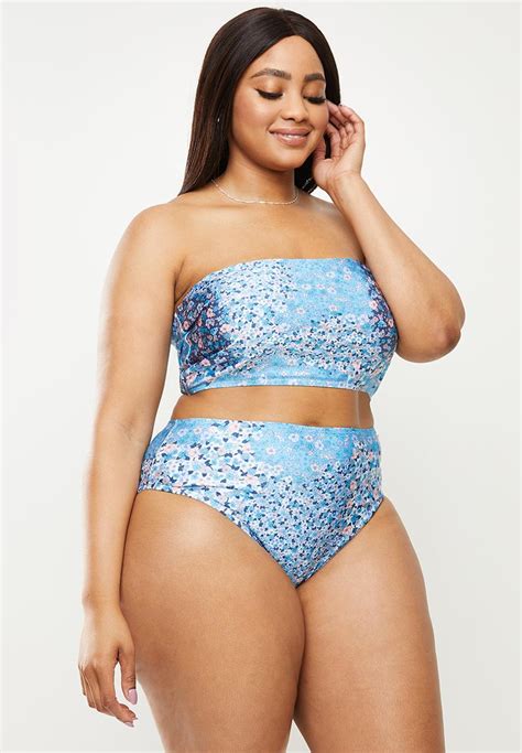 Curve High Waisted Full Bikini Bottom Patchwork Ditsy Blue Shimmer