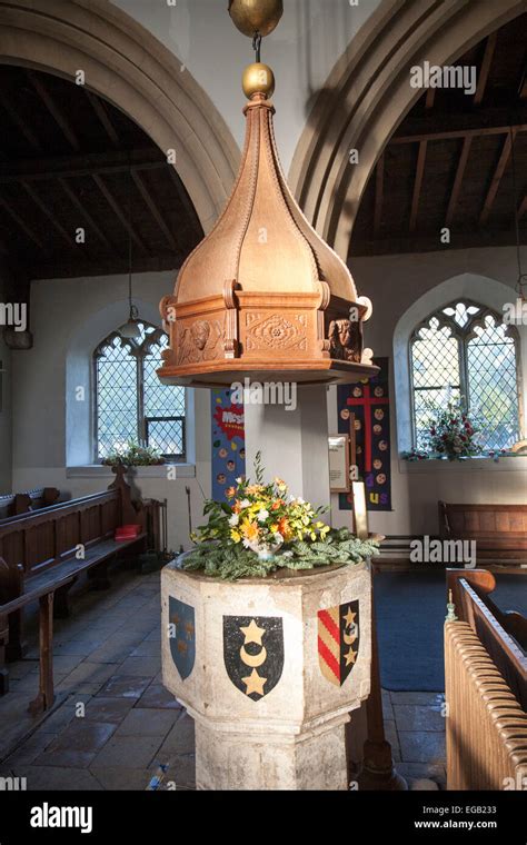 Baptismal Font With Heraldic Shield Inside Church Of Saint Leonard Hi