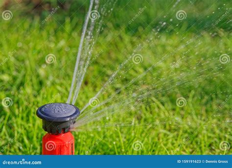 Close Up Of Orange Automatic Sprinkler While Grass Irrigation Stock