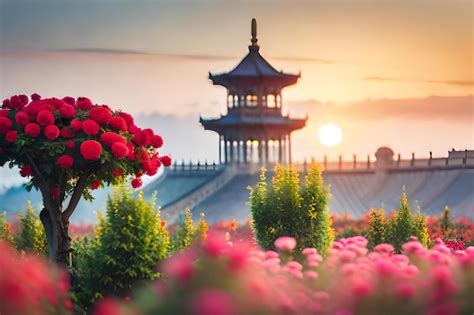 Premium Photo | Flowers in front of a pagoda at sunset