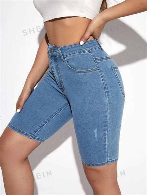 SHEIN Essnce Shorts En Mezclilla Unicolor Delgado Moda De Mujer