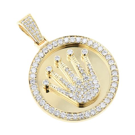 Rolex Style Diamond Pendant 3ct 10K Yellow Gold Crown Medallion 802426