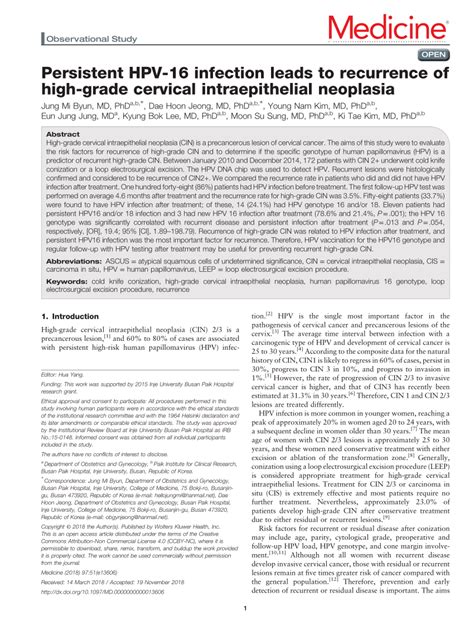 Pdf Persistent Hpv 16 Infection Leads To Recurrence Of High Grade Cervical Intraepithelial