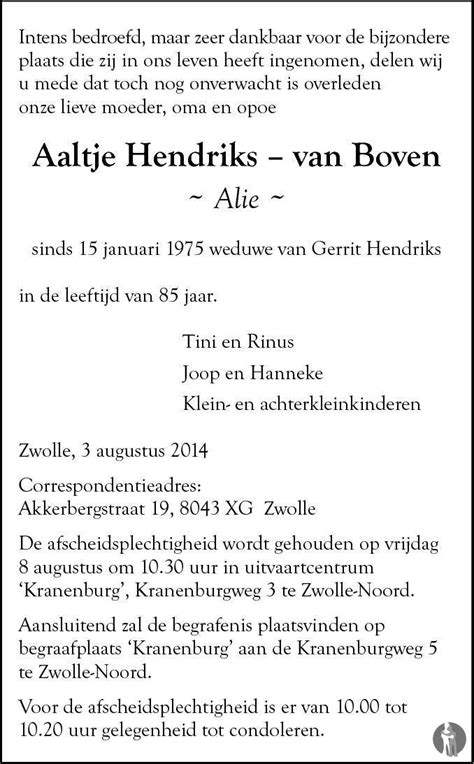 Aaltje Alie Hendriks Van Boven 03 08 2014 Overlijdensbericht En