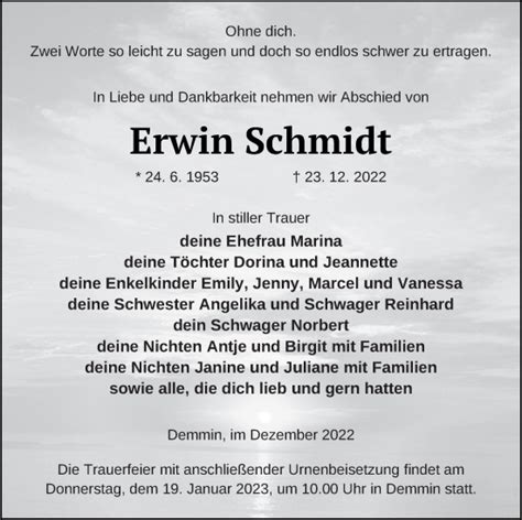 Traueranzeigen Von Erwin Schmidt Trauer Nordkurier