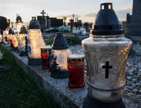 Votive Candles Lantern On The Grave In Slovak Cemetery All Saints Day