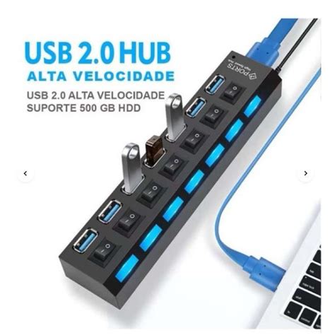 Hub De Usb 7 Portas 2 0 Hd Extensor High Speed Pen Drive LED Plitter