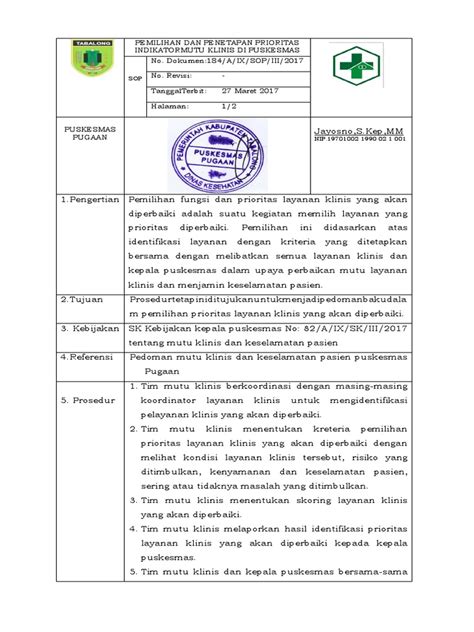 9 1 1 2 Sop Pemilihan Dan Penetapan Prioritas Indikator Mutu Klinis Di Puskesmas Pdf