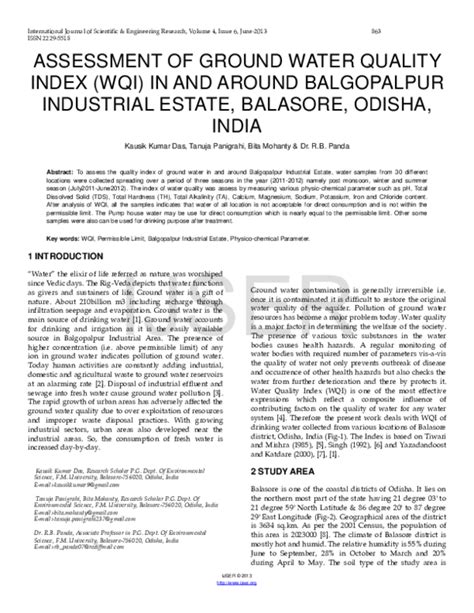 Pdf Assessment Of Ground Water Quality Index Wqi In And Around