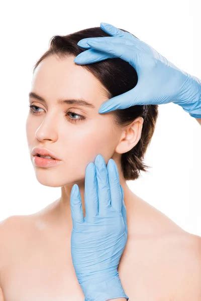 Cropped View Plastic Surgeon Latex Gloves Touching Face Brunette Woman