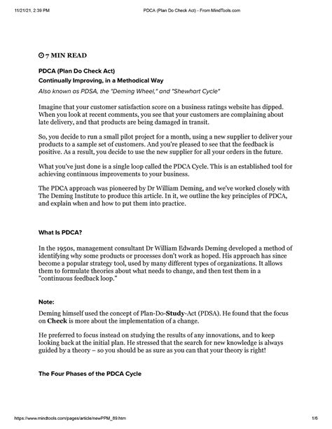 Pdca Plan Do Check Act From Mind Tools 7 Min Read Pdca Plan Do