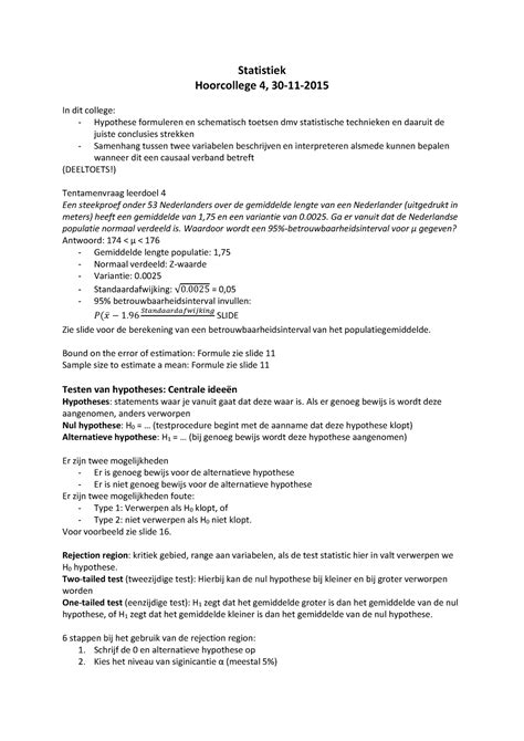 Statistiek Hoorcollege Statistiek Hoorcollege In Dit