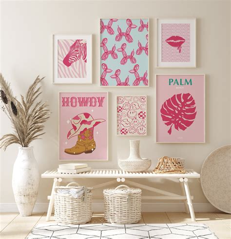 Pink Preppy Wall Art Set Of 6 Preppy Room Decor Hot Pink Etsy