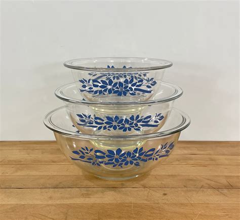 Pyrex Corning Clear Glass Bowls With Blue Ribbons And Flowers Pattern