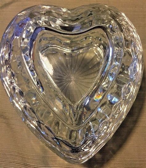 Homco 1970s Vintage Large Cut Glass Heart Shaped Clear Trinket Box W Lid Mint Other