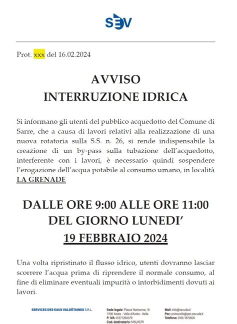 Comune Di Sarre Sospensione Erogazione Acqua Potabile