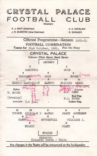 Crystal Palace V Plymouth Argyle Reserves Programme 21 10 1961 EBay