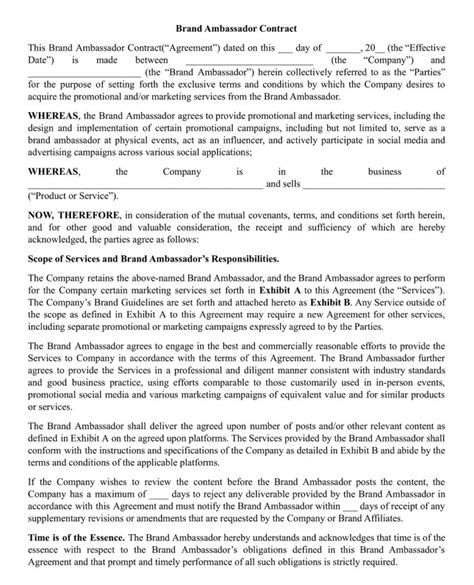 12 Free Simple Brand Ambassador Agreement Templates Pdf American Templates