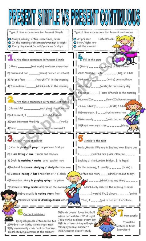 Present Simple Vs Present Continuous 7 Tasks Esl Worksheet By