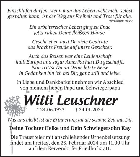 Traueranzeigen von Willi Leuschner Märkische Onlinezeitung Trauerportal