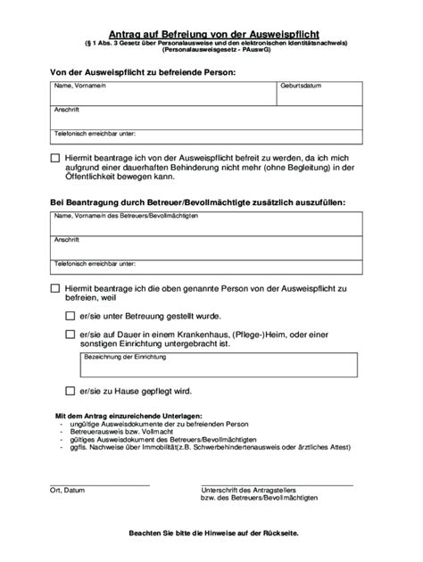 Ausfüllbar Online ANTRAG AUF BEFREIUNG VON DER AUSWEISPFLICHT Fax