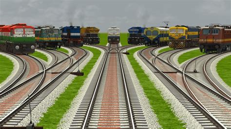 Indian Trains Crossing On Curve Bumpy Forked Railroad Tracks Train