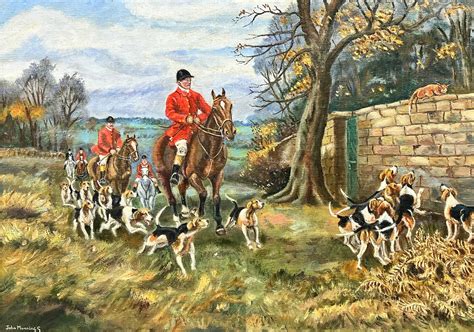 John Munnings - Large British Hunting Scene Signed Oil Painting Huntsman, Horses Hounds and Fox ...