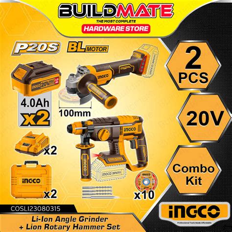 BUILDMATE Ingco 2PCS Combo Kit Set 20V Cordless Brushless Rotary Hammer