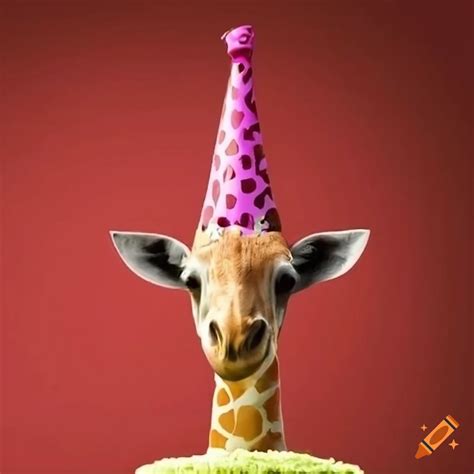 Giraffe Wearing A Party Hat With A Birthday Cake On Craiyon