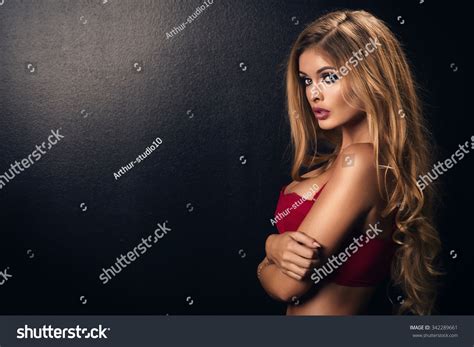 Blonde Sexy Woman Posing Red Lingerie Stock Photo Shutterstock