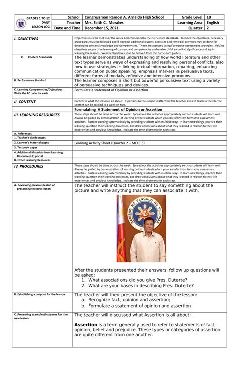 Formulating Assertion Or Opinion Dll Grades To Daily Lesson Log