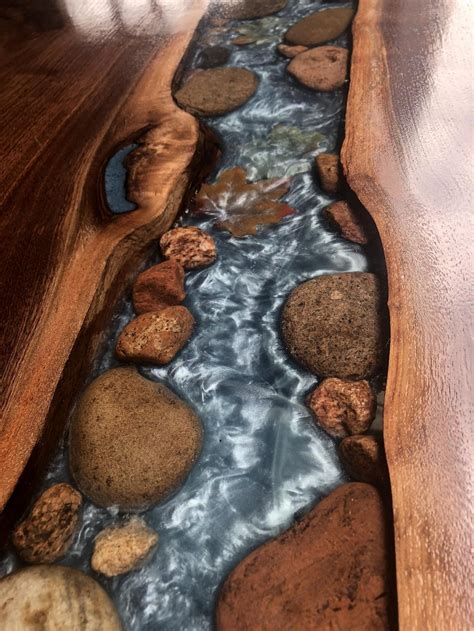 9ft Walnut Live Edge River Table With Stone And Leaves Etsy Wood Resin Table Resin