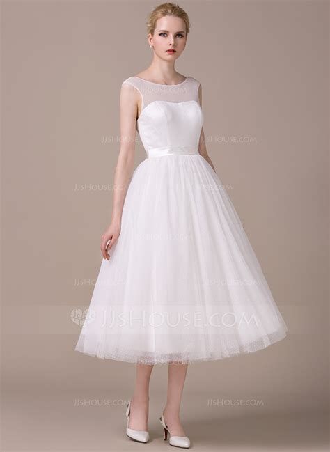 A Line Princess Scoop Neck Tea Length Tulle Wedding Dress 002059204