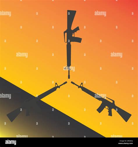 A Circle Of Three M16 Military Rifles In Silhouette Against An Orange