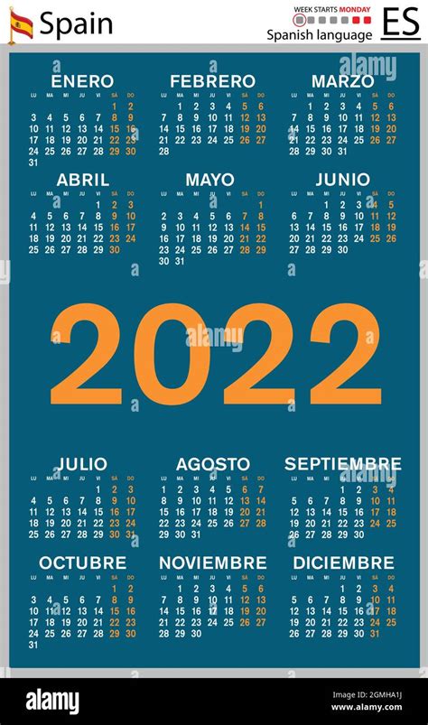 Calendario De Bolsillo Vertical Espa Ol Para Dos Mil Veintid S