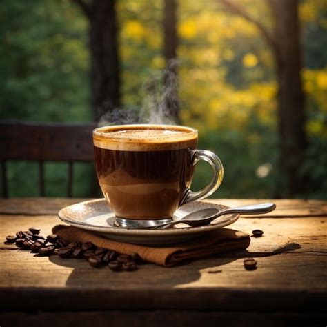 Premium Photo A Steaming Cup Of Freshly Brewed Coffee Sits On A