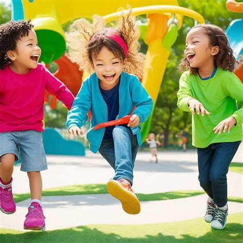 Una fotografía de niños jugando en un parque colorido la imagen muestra