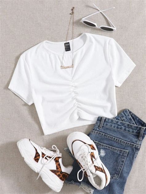 Shein Ruched Front Solid Tee Roupas Formais Bonitas Roupas Looks