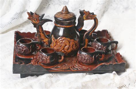 Vintage Chinese Dragon Tea Set Hu Shape Teapot 6 Cups Mother Of Pearl