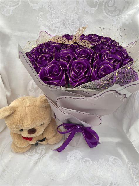 Purple Glitter Eternal Rose Bouquet Handmade Fake Flowers Bouquet