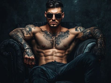 A Man With Tattoos And A Tattoo On His Chest Sits On A Couch Premium Ai Generated Image