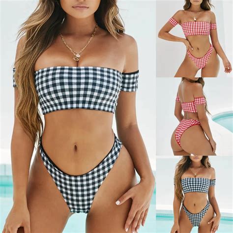 Women Plaid Print Bikini Set Push Up Brazilian Swimwear Beachwear