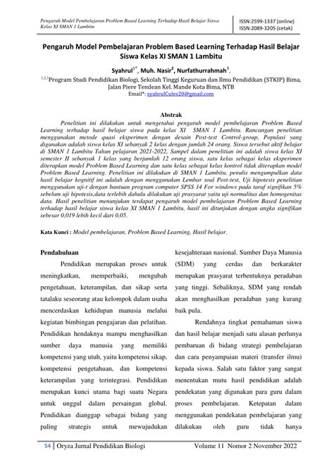 Pdf Pengaruh Model Pembelajaran Problem Based Learning Terhadap Hasil